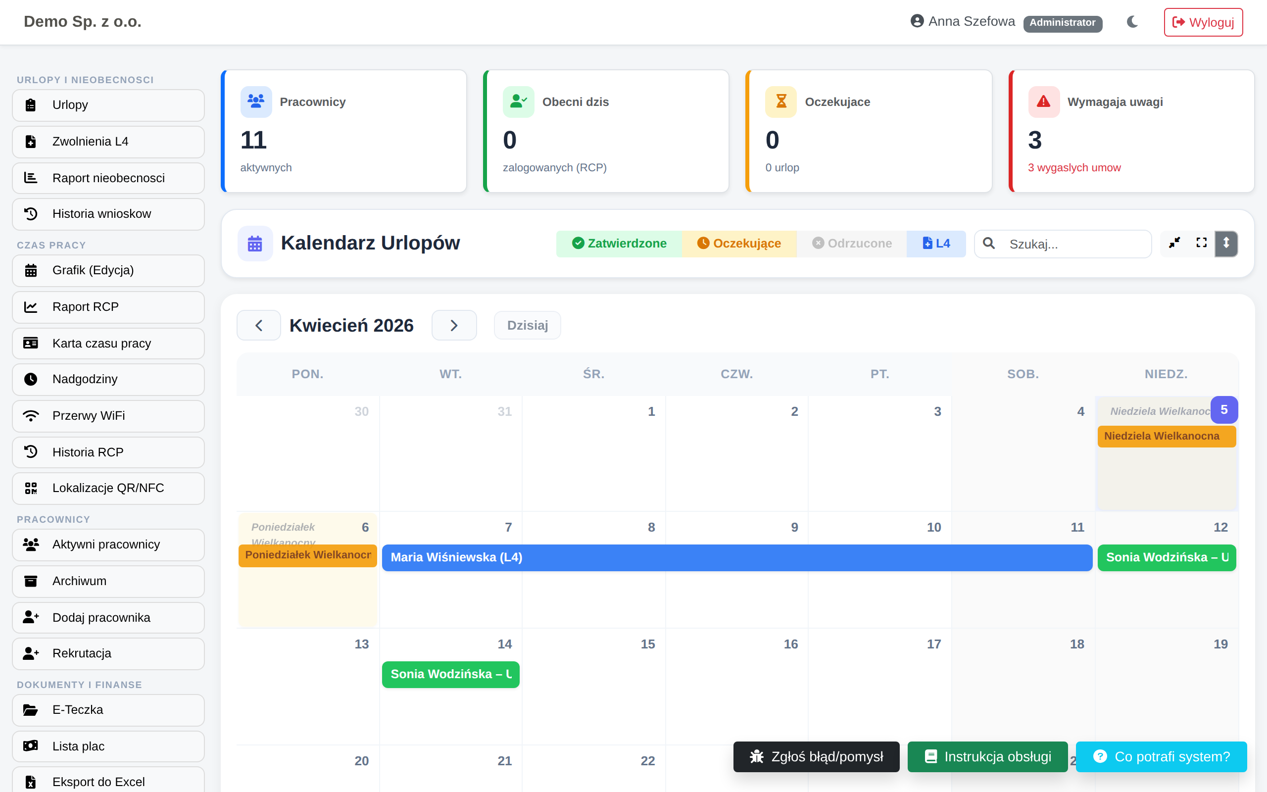 Dashboard HR z kalendarzem urlopów